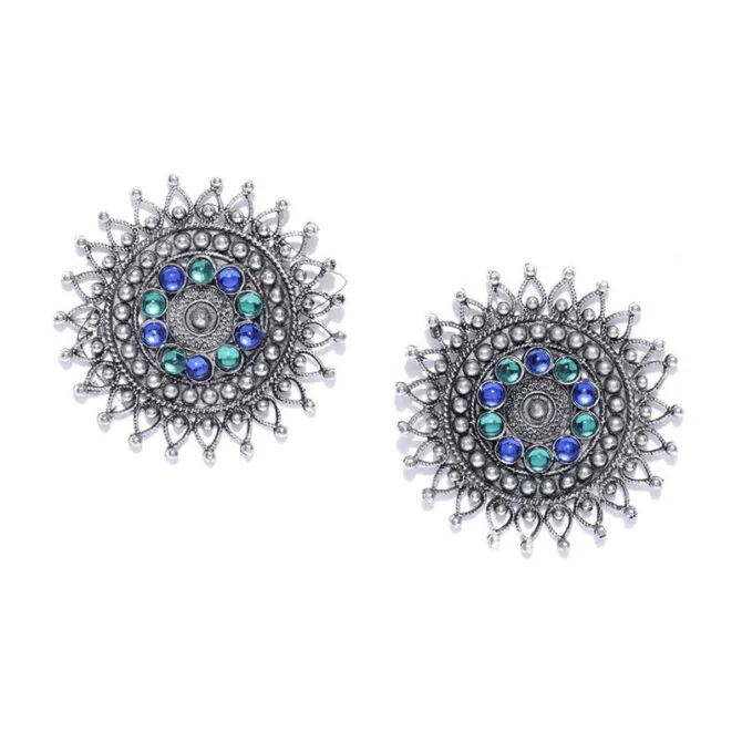 Blue Green Crystal Oxidized Silver Plated Stud Earring