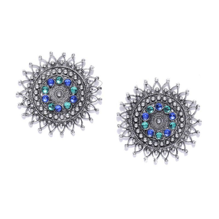 Blue Green Crystal Oxidized Silver Plated Stud Earring