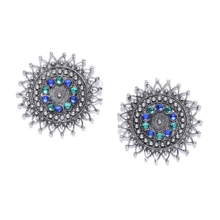 Blue Green Crystal Oxidized Silver Plated Stud Earring