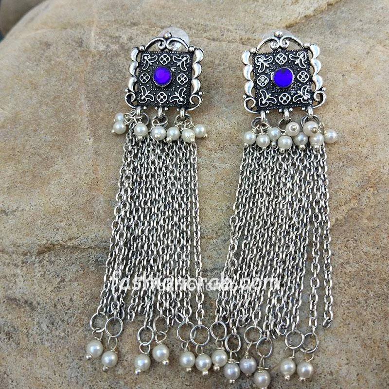 Blue Stone Oxidized Earring with Pearl Chain Drop