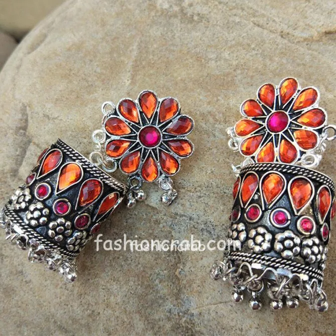 Floral Patterned Pink Orange Stone-Studded Oxidised Earring