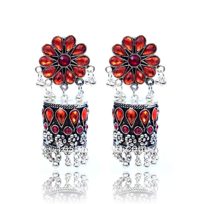 Floral Patterned Pink Orange Stone-Studded Oxidised Earring Floral Patterned Pink Orange Stone-Studded Oxidised Earring