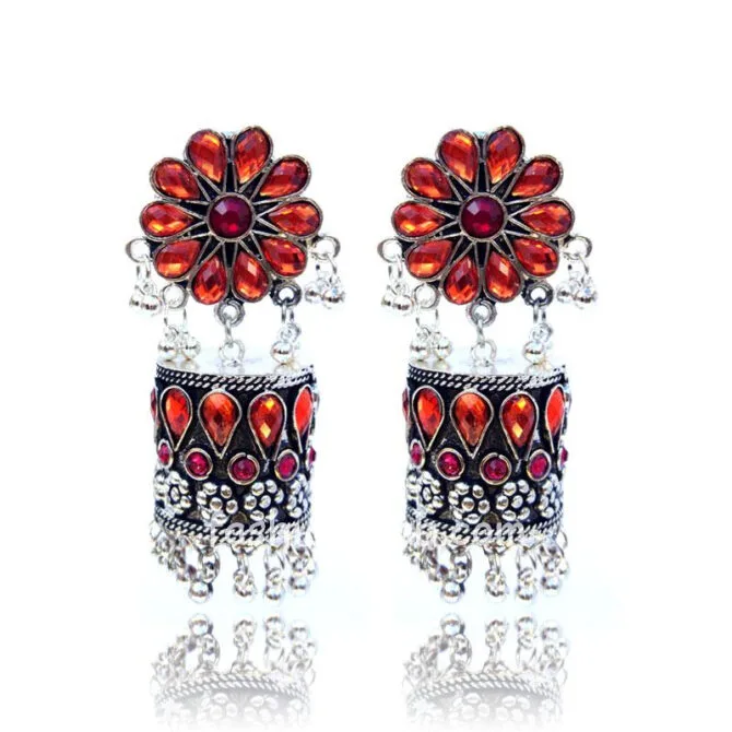 Floral Patterned Pink Orange Stone-Studded Oxidised Earring Floral Patterned Pink Orange Stone-Studded Oxidised Earring