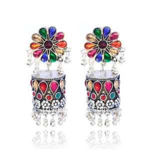 Floral Patterned Stone-Studded MultiColor Oxidised Earring