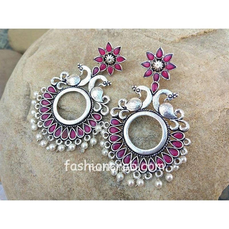 Oxidised Silver Pink Stone Peacock Chandbali Earring