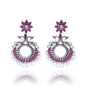 Oxidised Silver Pink Stone Peacock Chandbali Earring