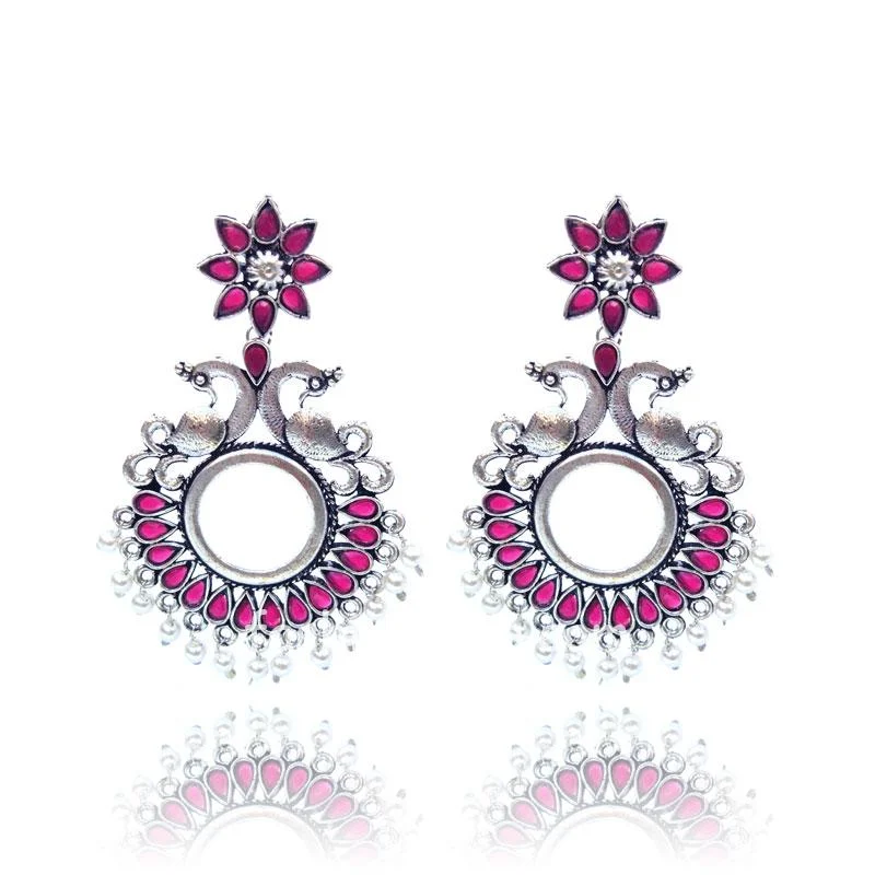 Oxidised Silver Pink Stone Peacock Chandbali Earring