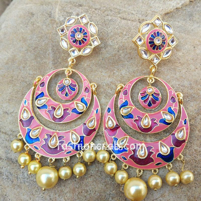 Pink Meenakari Kundan Chandbali Earrings for Women