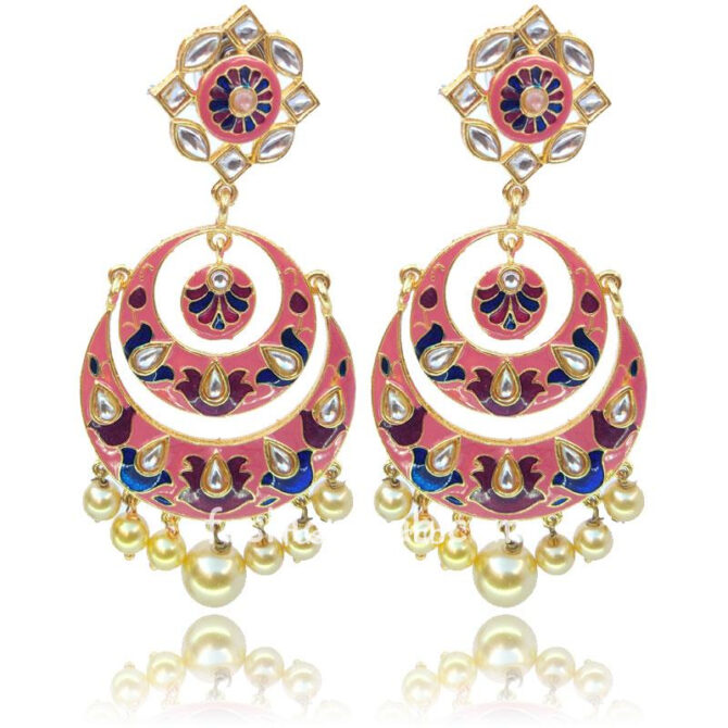 Pink Meenakari Kundan Chandbali Earrings for Women