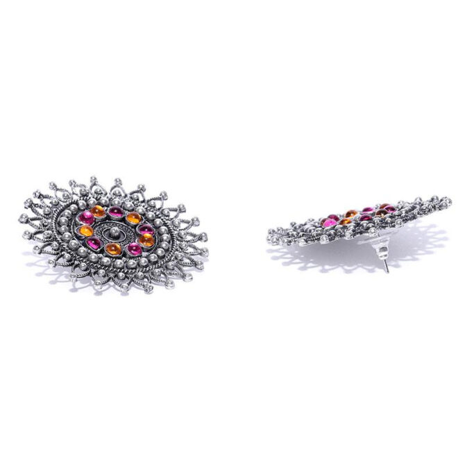 Pink Orange Crystal Oxidised Silver Plated Stud Earring