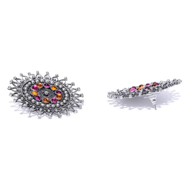 Pink Orange Crystal Oxidised Silver Plated Stud Earring