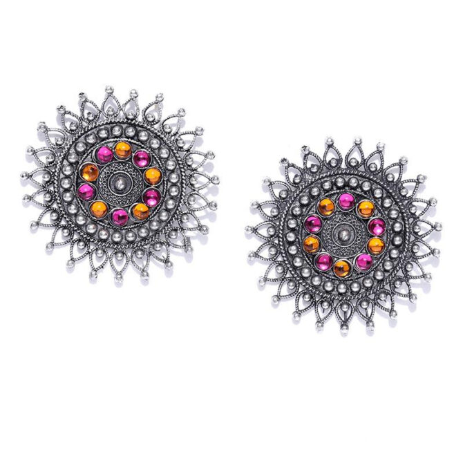 Pink Orange Crystal Oxidised Silver Plated Stud Earring