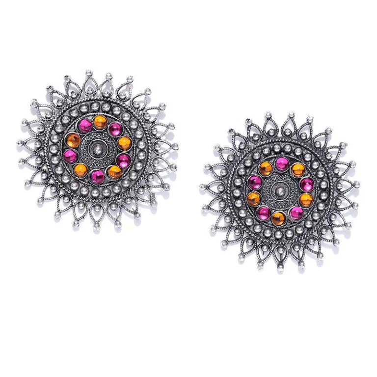 Pink Orange Crystal Oxidised Silver Plated Stud Earring