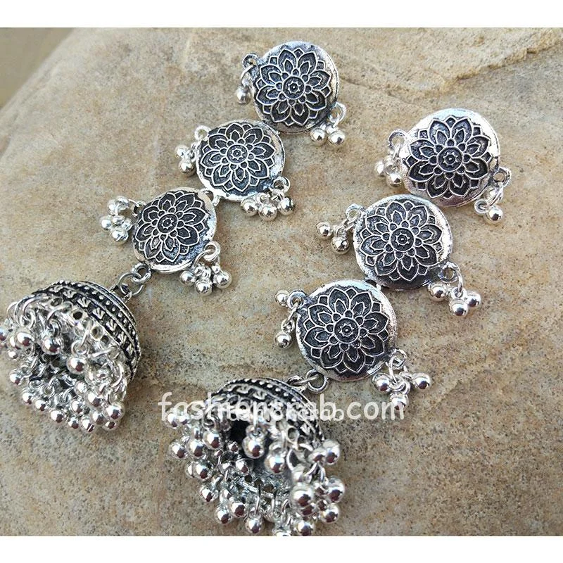Three Layer Oxidized Silver Jhumka Earring