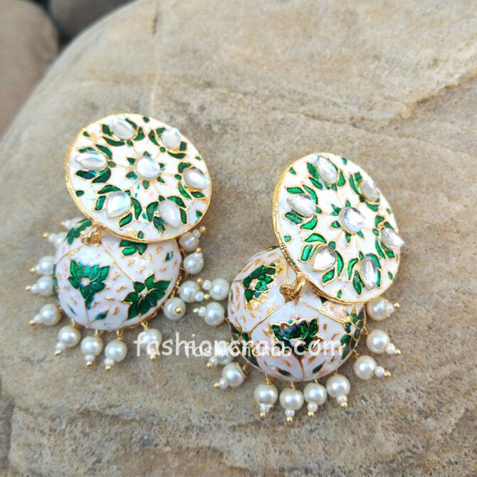White Green Meenakari Kundan Work Traditional Earring