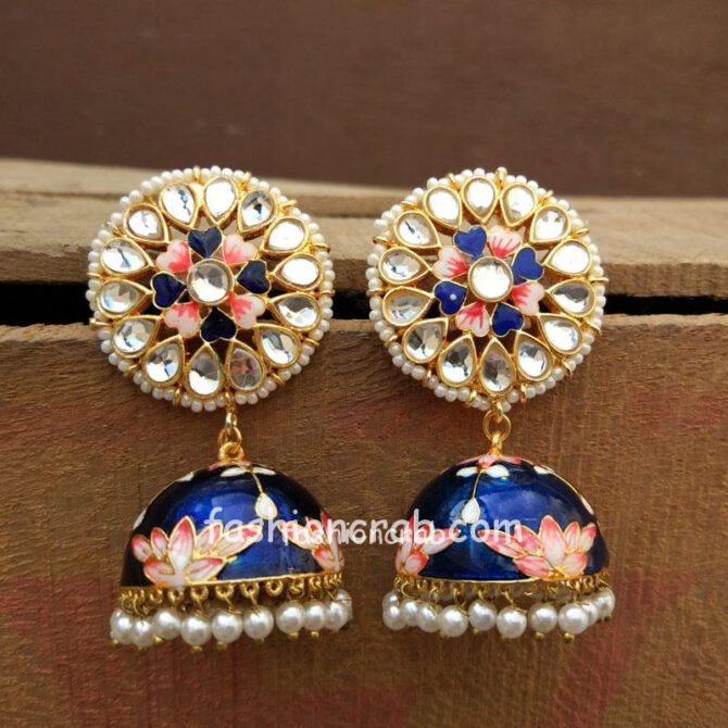 Floral Hand Painted Blue Meenakari Jhumka for Women-02 Floral Hand Painted Blue Meenakari Jhumka for Women