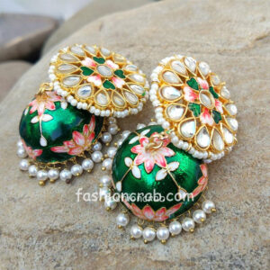 Floral Hand Painted Green Meenakari Jhumka for Women