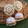 Floral Hand Painted Mint Purple Meenakari Jhumka for Women