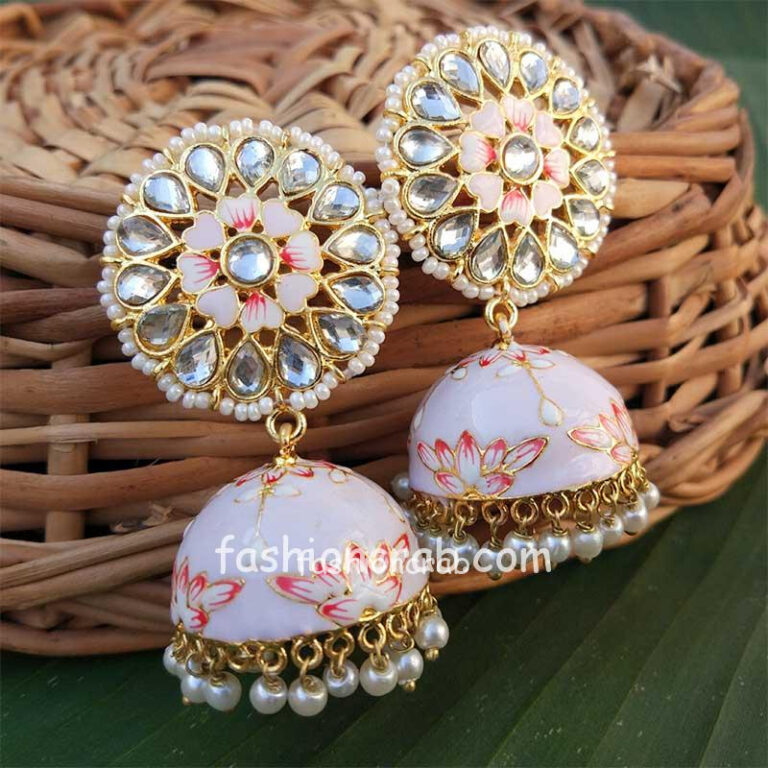 Floral Hand Painted Mint Purple Meenakari Jhumka for Women