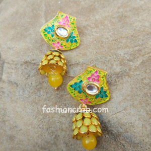 Pink Green Meena Pacchi Yellow Earring