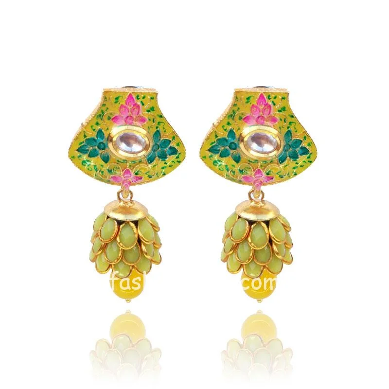 Pink Green Meena Pacchi Yellow Earring
