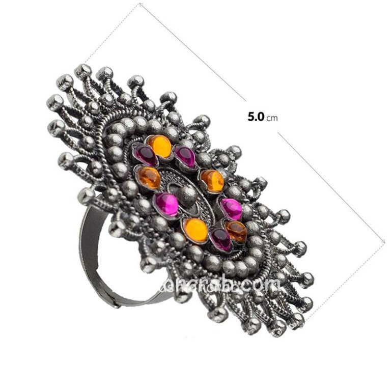 Pink Orange Oxidized Silver Finger Ring for Women