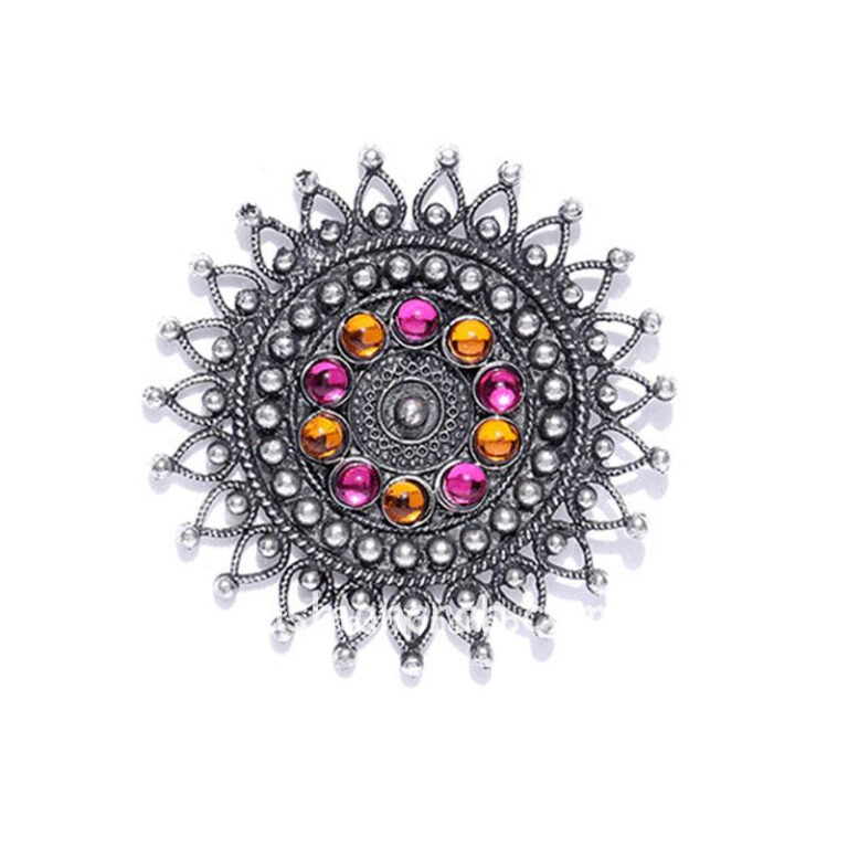 Pink Orange Oxidized Silver Finger Ring for Women