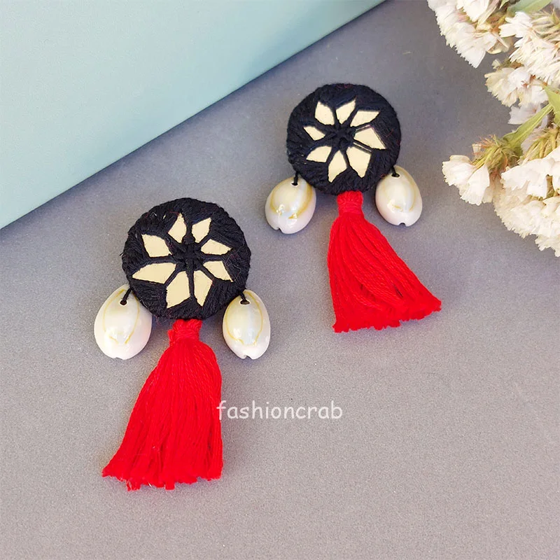 Red Black Mirrow Work Earrings