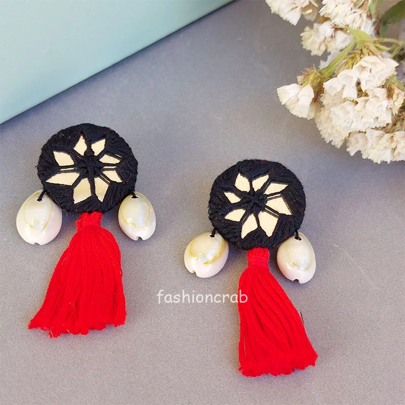 Red Black Mirrow Work Earrings