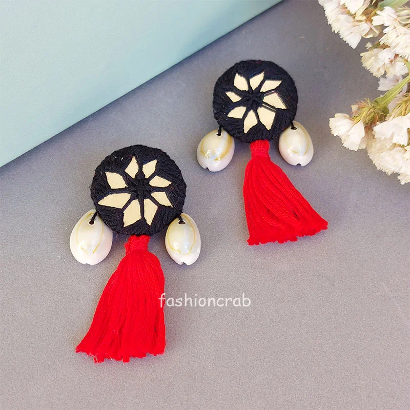 Red Black Mirrow Work Earrings