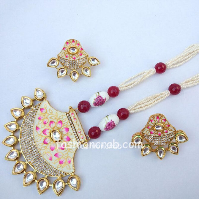 Hand Painted White Kundan Necklace Set