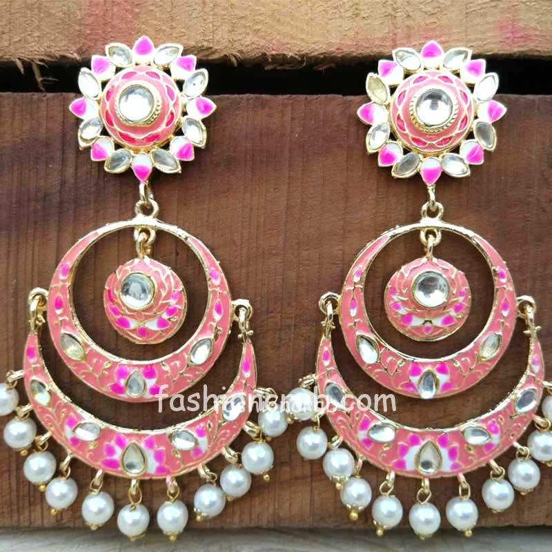 Peach Color Meenakari Chandbali Earring