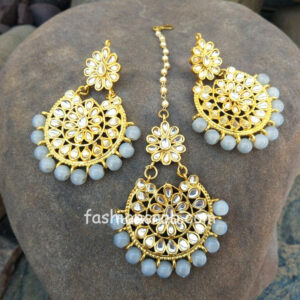 Kundan Maang Tikka with Earring for Grey Lehenga