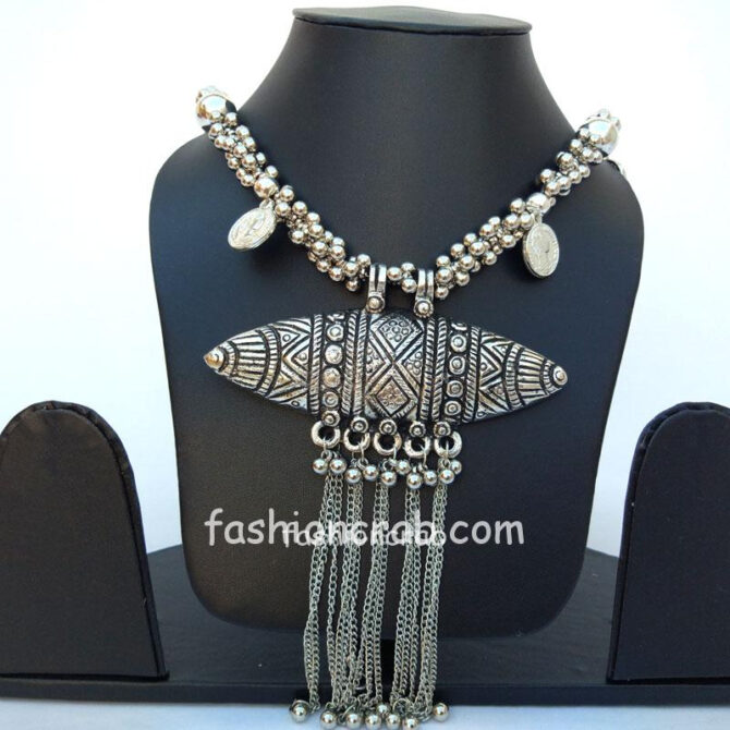 Long Oxidised Necklace for Saree-01 Long Oxidised Silver Necklace for Saree