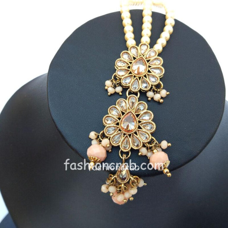 Peach Colour Traditional Earrings with Maangtikka