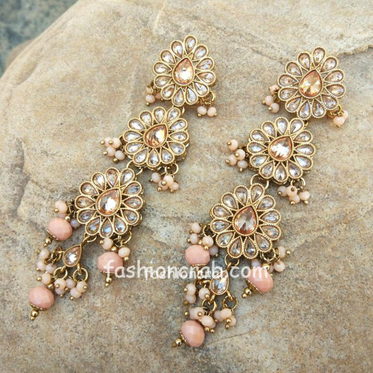 Peach Colour Traditional Earrings with Maangtikka
