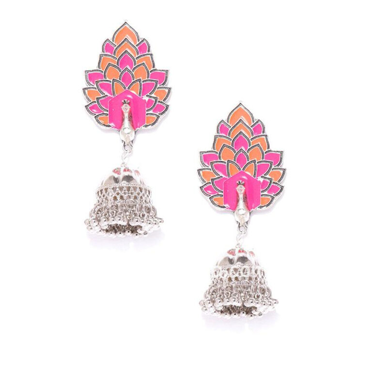 Pink Meena Peacock Oxidised Jhumka