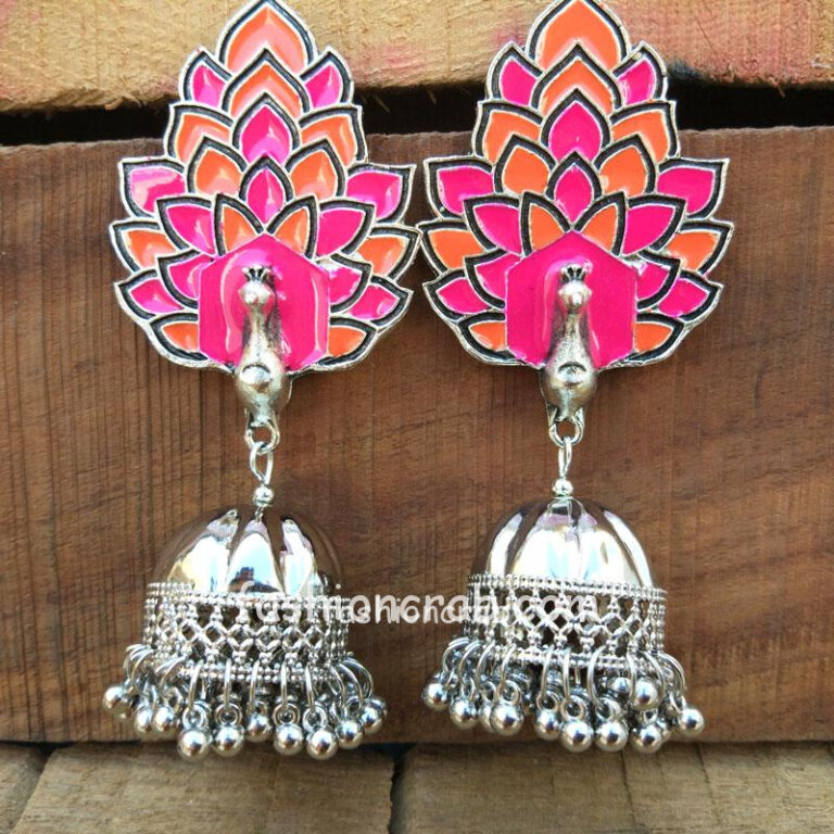Pink Meena Peacock Oxidised Jhumka