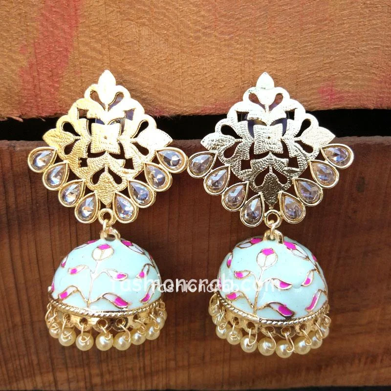 Baby Blue Color Partywear Meenakari Jhumka