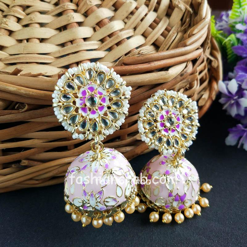 Bollywood Style Indian Light Pink Jhumka Earring | FashionCrab.com