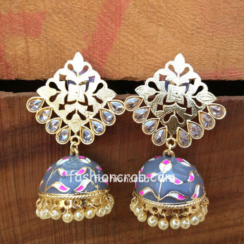 Grey Color Partywear Meenakari Jhumka