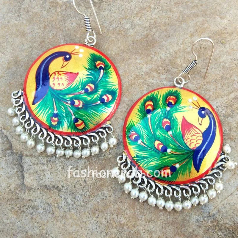 Hand Painted Oxidised Silver Earrings