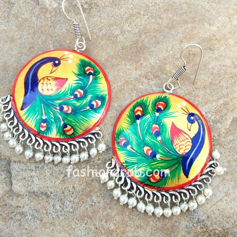 Hand Painted Oxidised Silver Earrings