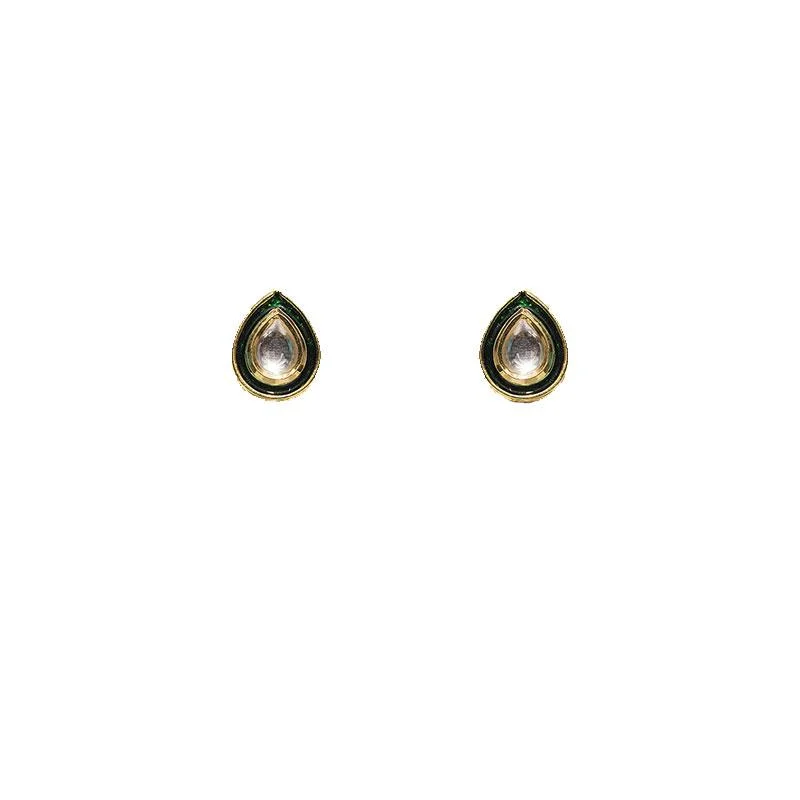 Kundan Green Meena Drop Shaped Stud