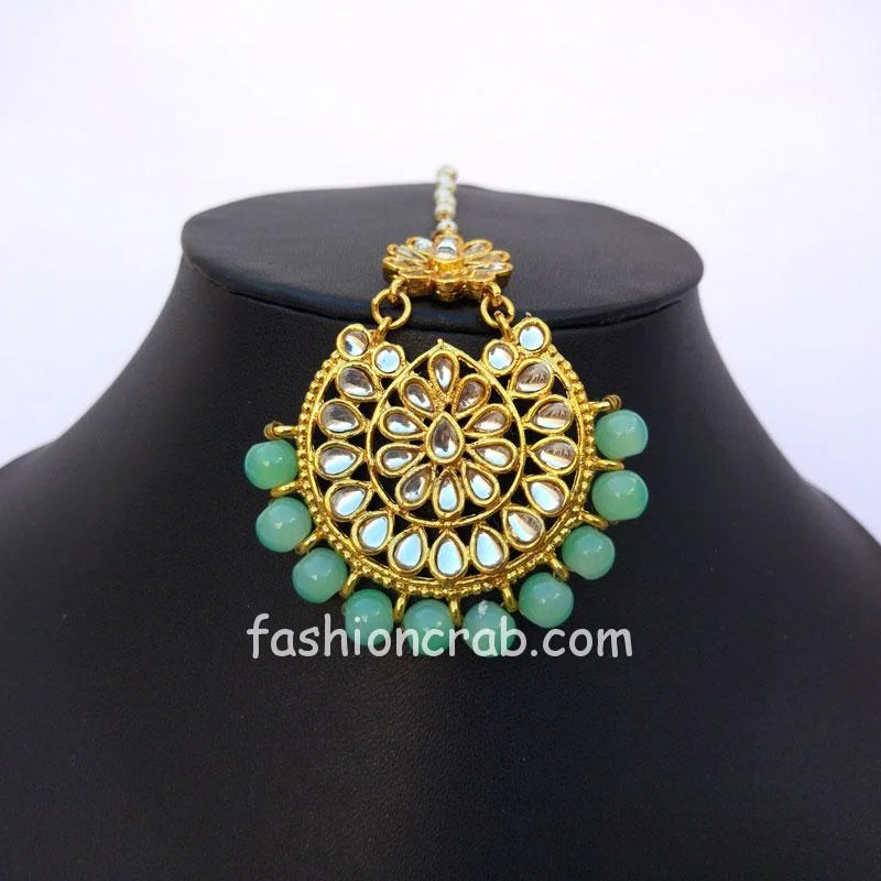Kundan Maang Tikka with Earring for Green Lehenga