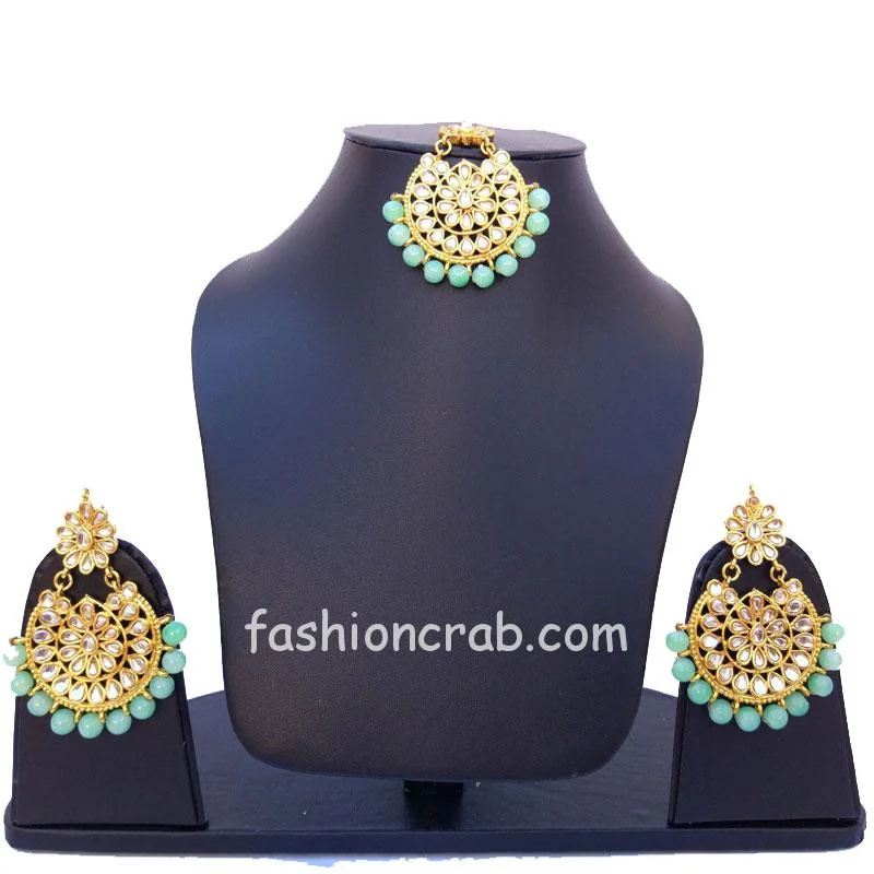 Kundan Maang Tikka with Earring for Green Lehenga