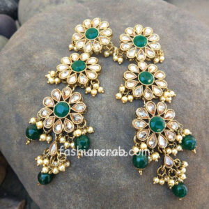 Long Green Pearl Earrings with Maangtikka