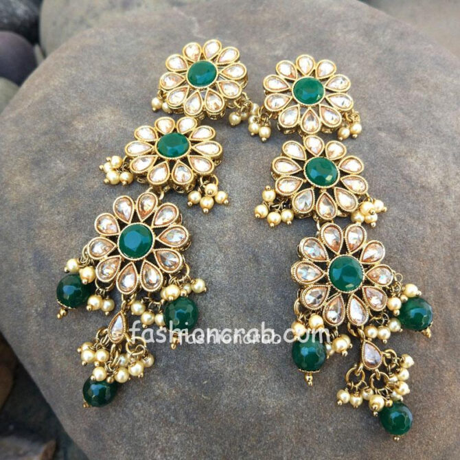 Long Green Pearl Earrings with Maangtikka-01 Long Green Pearl Earrings with Maangtikka