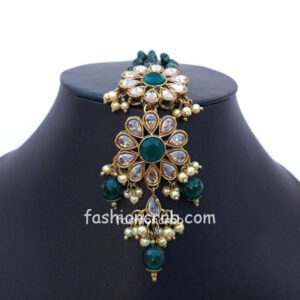 Long Green Pearl Earrings with Maangtikka