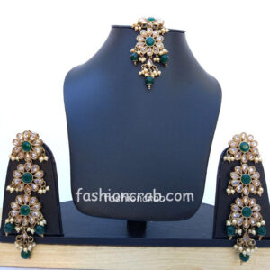 Long Green Pearl Earrings with Maangtikka